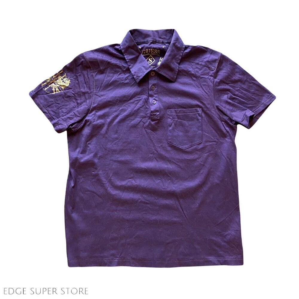 Guess Dark Purple Gold Short Sleeve 3 Button Cotton Collared Polo Shirt Sz Small